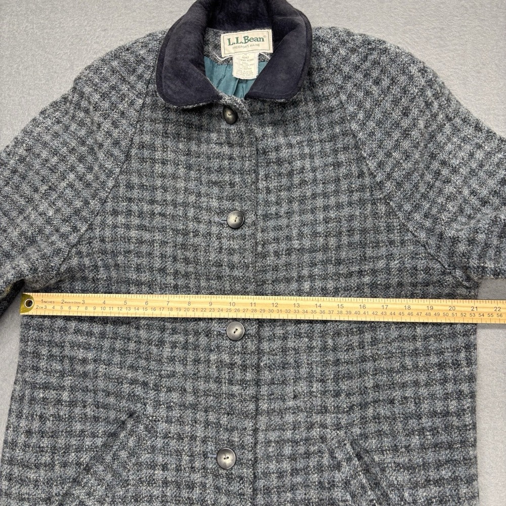 LL Bean VTG Gray Blue Wool Overcoat Women's Petite M Suede Collar Houndstooth - Picture 6 of 16